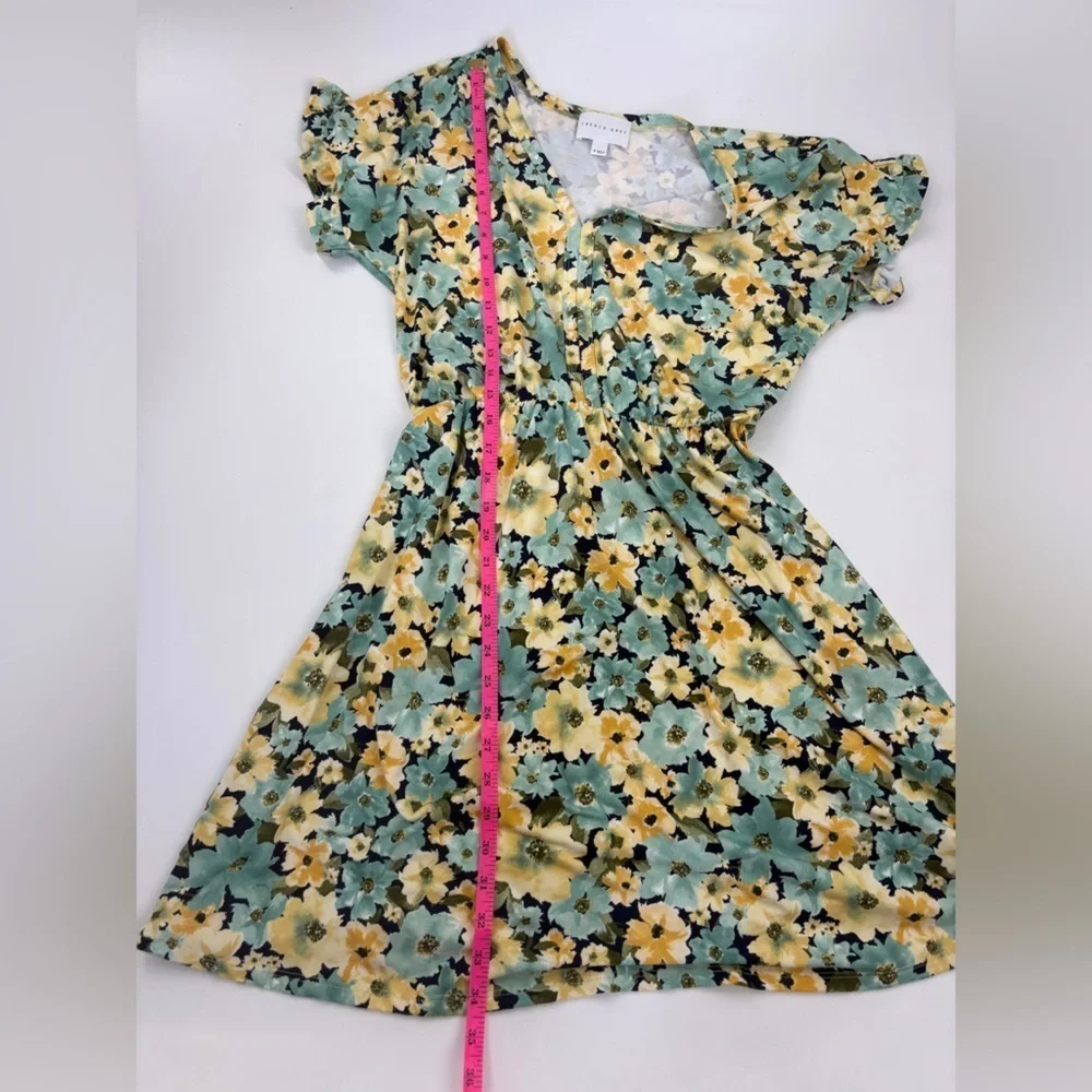 French Grey Dress Yellow/ Green Floral V Neck Tie Waist Short Sleeve- Med - Picture 6 of 6